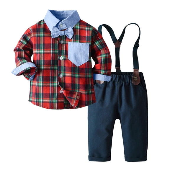 Splozh Baby Boy Clothes Baby Boy Suits Toddler Boy Clothes Baby Boy Clothes Baby Plaid Shirt Suspender Pants Set Outfit Red,12-18 Months