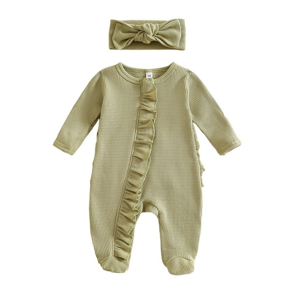 Splozh Baby Boy Clothes Newborn Baby Girls Footies Romper Spring Long Sleeve Sleep and Play Romper with Headband Light Green,Newborn