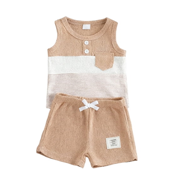 Splozh Baby Boy Clothes Summer Baby Boy Summer Clothes Color Block Sleeveless Tops High Waist Shorts Toddler Outfits Cute Set Khaki,9-12 Months