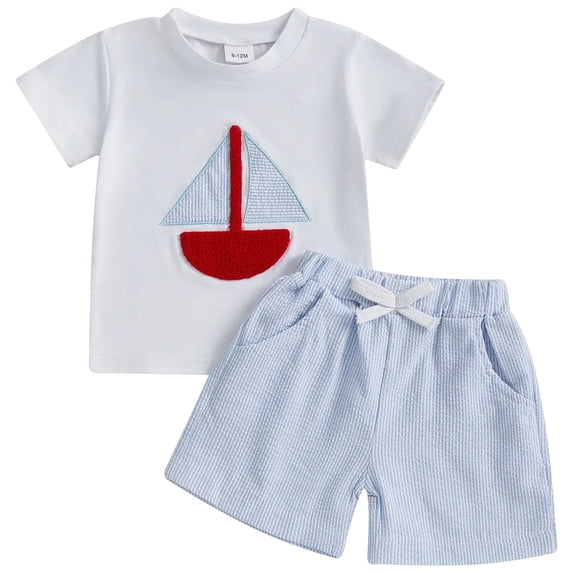 Splozh Baby Boy Clothes Summer Toddler Short Sleeves Embroidered Shirt Tops Gingham Shorts Set Summer Outfits Sky Blue,3-4 Years