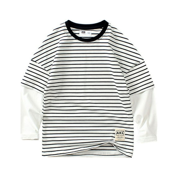 Splozh Baby Boy Fall T Shirts Boys Long Sleeve Shirts Kids Crewneck T Shirts Casual Striped Tops Tees White,5-6 Years