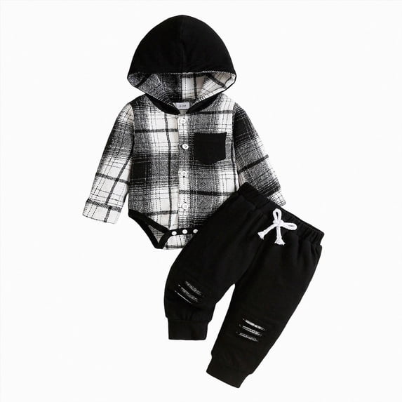 Splozh Baby Boy Gifts Cute, Baby Boys Soft Warm Checkered Hoodie Pants Set 2 Piece Set,Black,9-12 Months