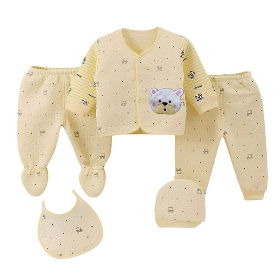 Splozh Baby Boy Outfits 5PCS Baby Boys Girls Cartoon Tops+Hat+Pants+Bib Outfits Sleepwear Set Yellow,0-3 Months