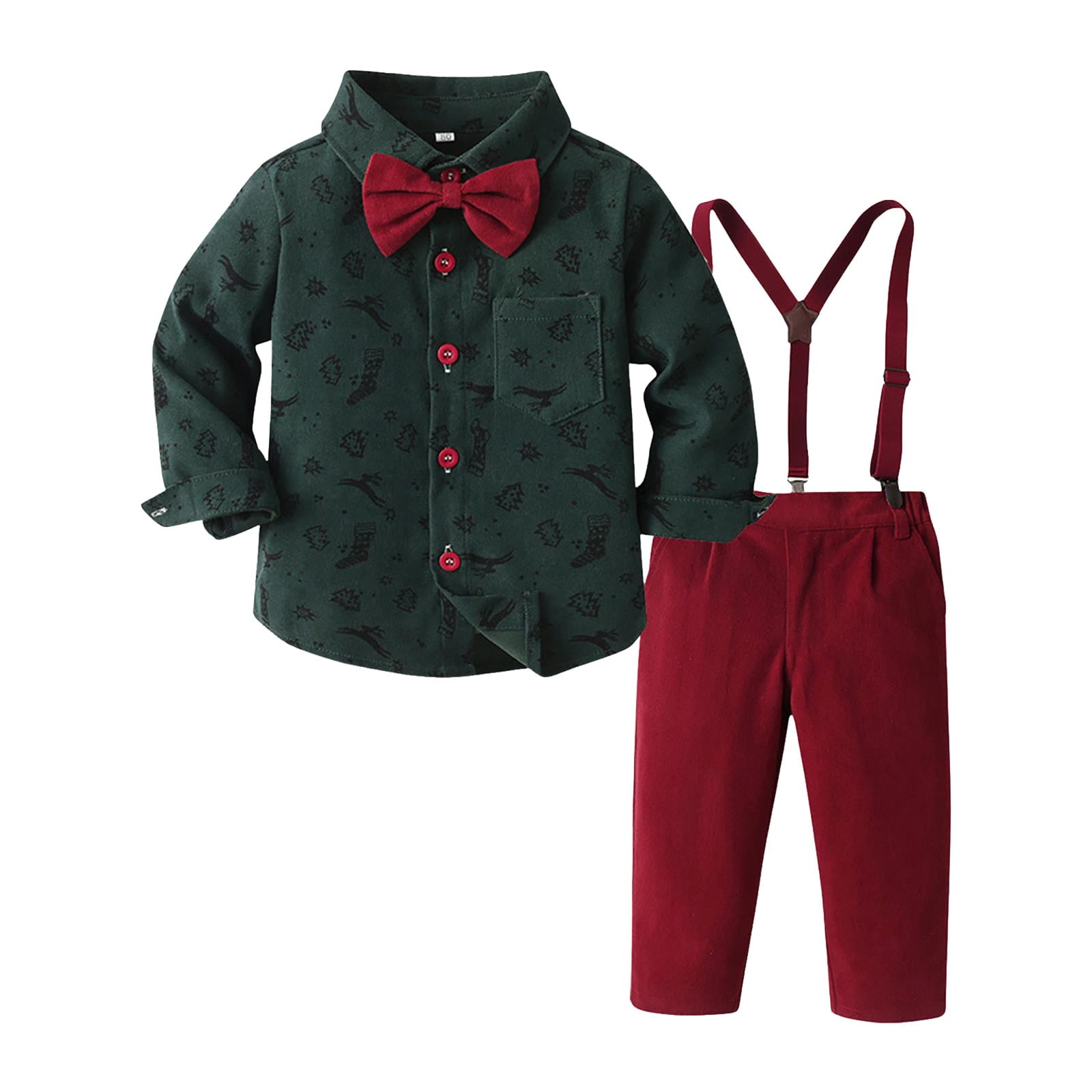 Splozh Baby Boy Outfits Formal Boys Long Sleeved Shirt and Overalls Suit Comfortable Soft Fashionable Christmas Print Gentleman Suit for Boys Dark Green,6-12 Months