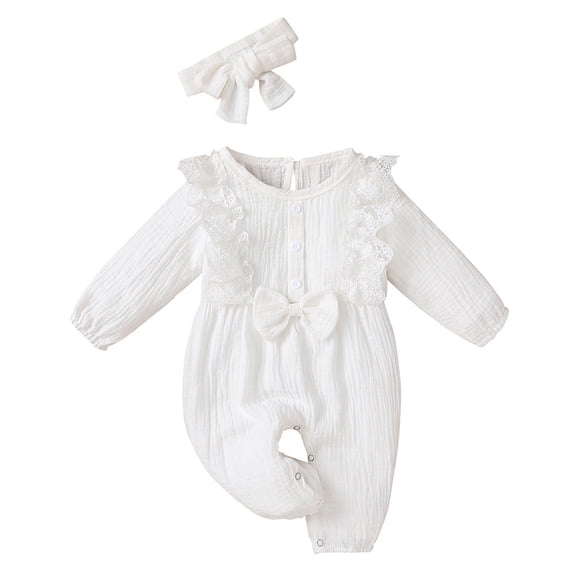 Splozh Baby Boy Romper Baby Girl Cotton Linen Romper Lace Bow Jumpsuit Clothes Baptism Outfit Sleep and Play White,0-3 Months