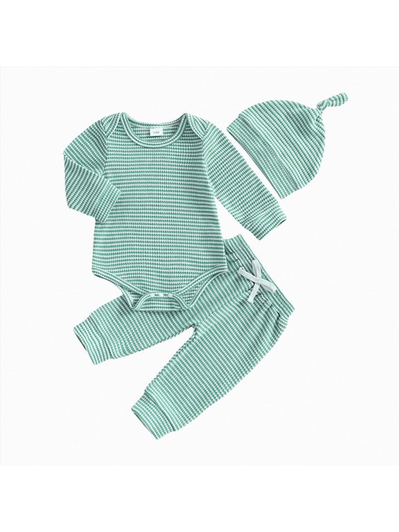 Baby Boy's Clothing Soft, Bodysuit Set Simple Pants and Hat Casual 3 Piece Set Fall Winter Clothes,Green,0-3 Months
