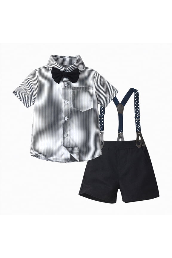 Baby Christening Outfit Boy Toddler Baby Boy Clothes Suit Gentleman Wedding Outfits, Formal Dress Shirt with Bowtie + Suspender Shorts 9-12 Months,Grey