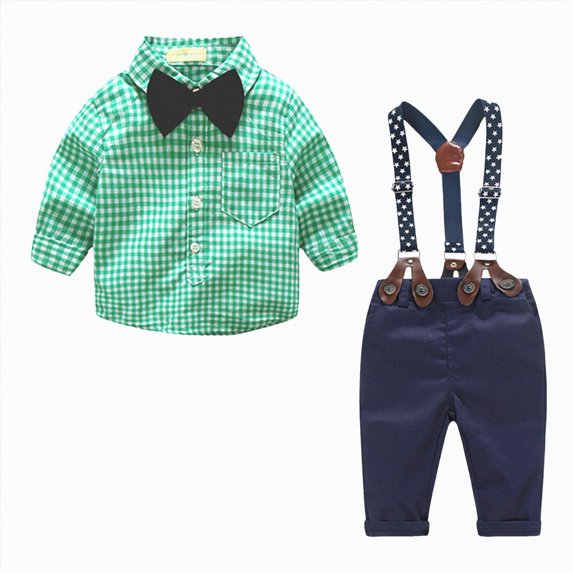Splozh Baby Church Clothes Boy 3 6 9 12 18 24 Months Baby Boy Gentleman Long Sleeve Bow Tie Shirt Suspender Pants 2Pcs Clothes Set,Green,3-6 Months
