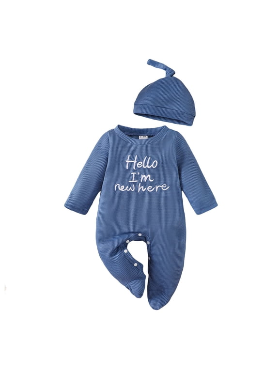 Baby Clothes Boy Baby Boy Fall Spring Outfit Romper Long Sleeve Jumpsuit Bodysuit Going Home Outfit with Hat Blue,newborn