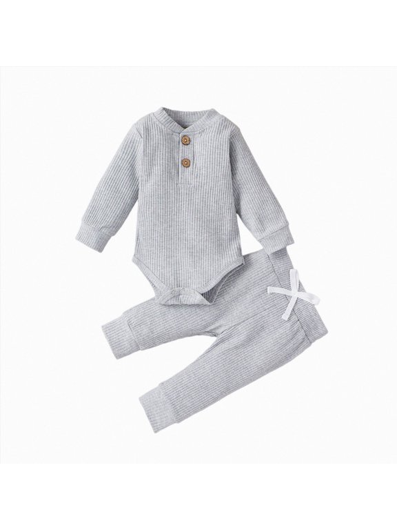 Baby Clothes Boy Soft, Simple Solid Color Long Sleeve Bodysuit Pants Casual Two Piece Set,Grey,6-9 Months