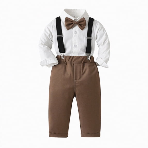 Splozh Baby Clothes Toddler Boy Suit Formal Outfit Baby Dress Clothes Kids Set Shirt Pants Bow Tie Suspender 12-18 Months,Brown