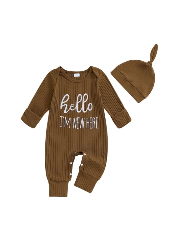 Baby Clothes Unisex Baby Boy Long Sleeve Letter Romper Ribbed Knit Jumpsuit Baby Boy Preemie Outfit with Hat Brown,3-6 Months
