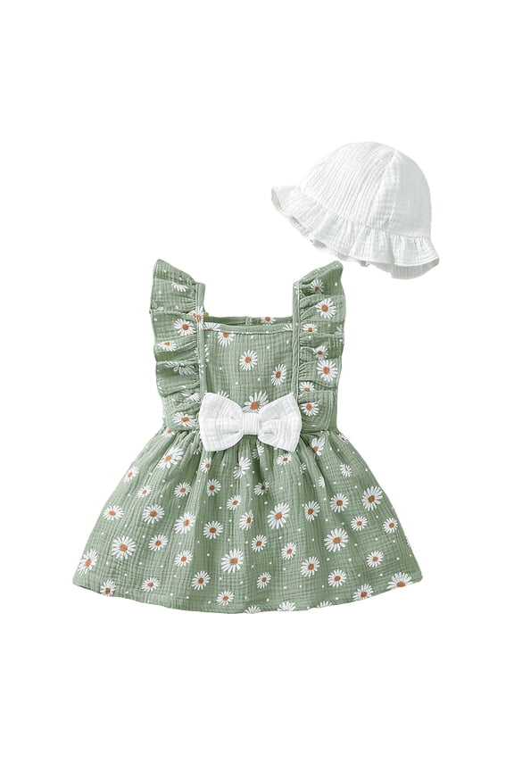 Baby Dresses Baby Girl Dress Infant Clothes Summer Sleeveless Bow Dresses Casual Linen Sundress for Toddler Girls with Hat Green,2-3 Years