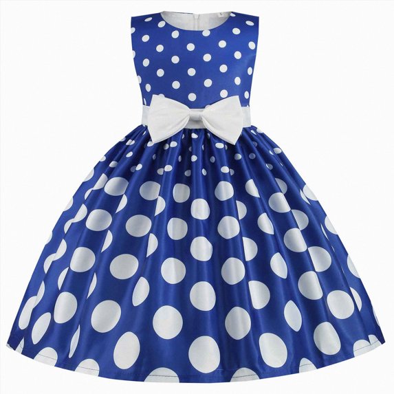 Splozh Baby Girl Baptism Dress Princess Dress Kids Girls Bowknot Dot Printed Pageant Gown Birthday Party Princess Wedding Dress,Blue,7-8 Years