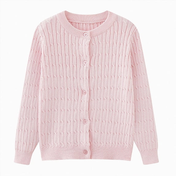 Splozh Baby Girl Cardigan Button Front Crop Sweater Long Sleeve Spring Fall Tops Solid Color Crew Neck Sweater Little Girl Cardigan,Pink,4-5 Years