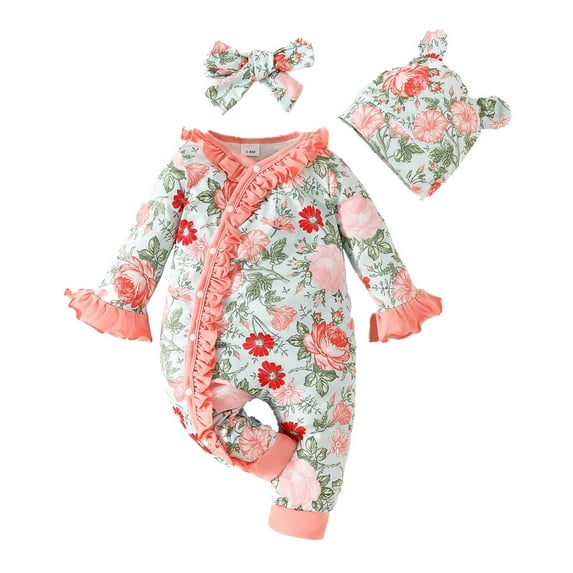 Splozh Baby Girl Clothes Long Sleeve Romper Fall Winter Outfits Floral Hat Jumpsuit Preemie Girl Clothes,Pink 0-3 Months
