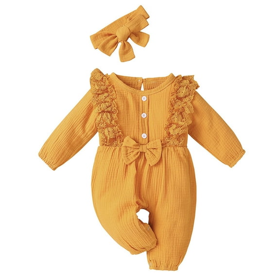 Splozh Baby Girl Coming Home Outfit Baby Girl Cotton Linen Romper Lace Bow Jumpsuit Clothes Baptism Outfit Sleep and Play Yellow,6-12 Months