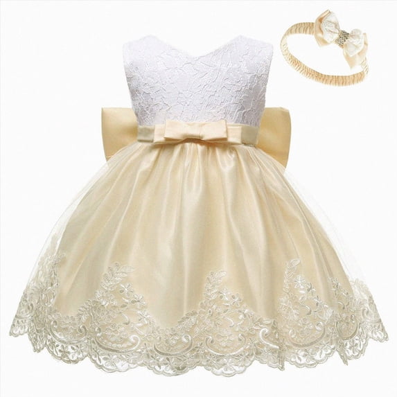 Splozh Baby Girl Dress Fashion Baby Girls Lace Bowknot Princess Wedding Formal Tutu Dress+Headband Set Clothes,Yellow,0-3 Months