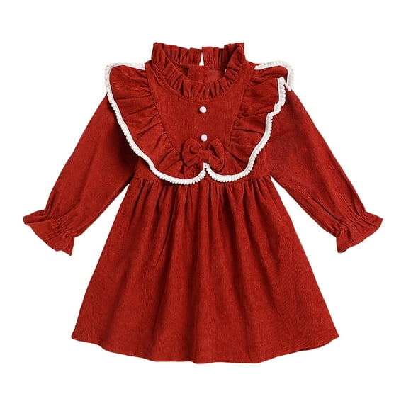 Splozh Baby Girl Dress Toddler Girl Fall Winter Clothes Corduroy Ruffle Long Sleeve Vintage Dress Little Girl Outfit Red,12-18 Months