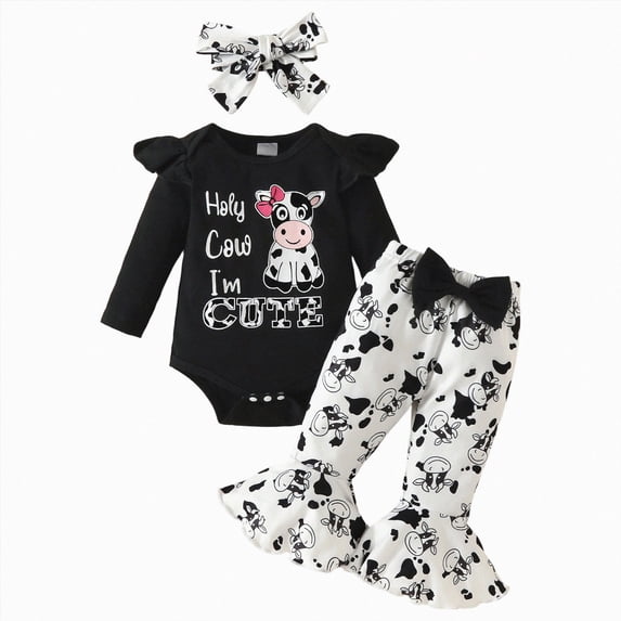 Splozh Baby Girl Gifts, Baby Infant Girls Cow Print Long Pant Set 3 Piece Set,Black,0-3 Months