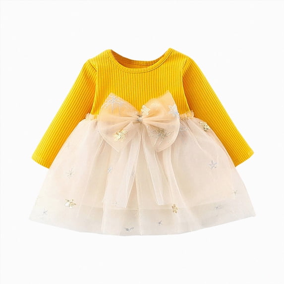 Splozh Baby Girl Long Sleeve Fall Winter Dress Soft Cute Princess Holiday Party Dress Toddler Photoshoot Dress Toddler Twirl Dress Girls Fall Outfit,Yellow,0-6 Months