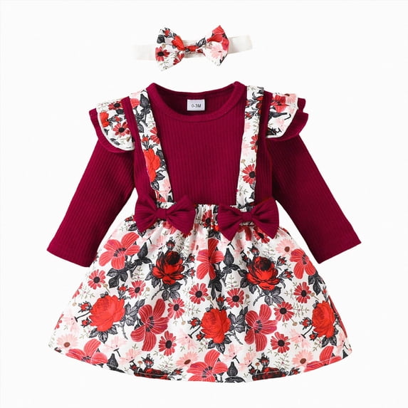 Splozh Baby Girl Outfit Set Girls Fashion Baby Girl Clothes Cute Winter Long Sleeve Romper Adjustable Floral Overall Dress Headband 3PCS,Red,6-9 Months