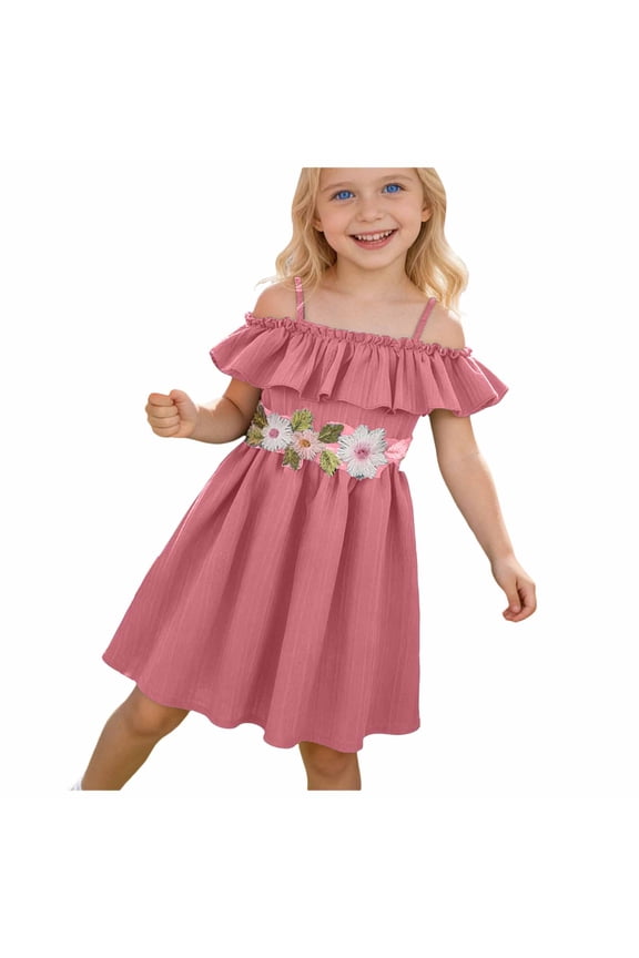Baby Girl Outfits Summer Girls' Off The Shoulder Dress Fashion Floral Embroidery Dress for Little Girls Pink,3-4 Years