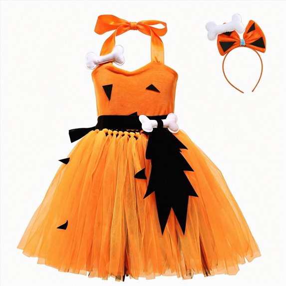 Splozh Baby Girl Party Dress Princess Dress Halloween Kids Girls Tutu Dress Headband 2 Piece Girls Kids Outfits Halloween Dress Set,Orange,6-8 Years