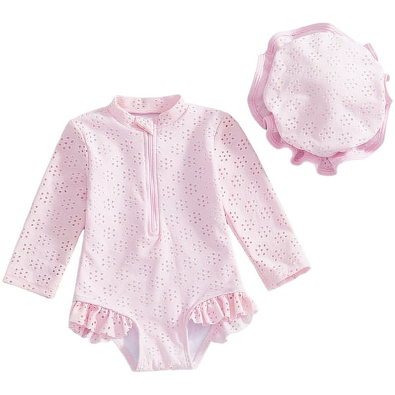 Splozh Baby Girl Rash Guard Swimsuit Toddler Girl Swimsuit Baby Long Sleeve Rash Guard Girl Hollow Out Swimwear with Sun Hat Pink,6-12 Months