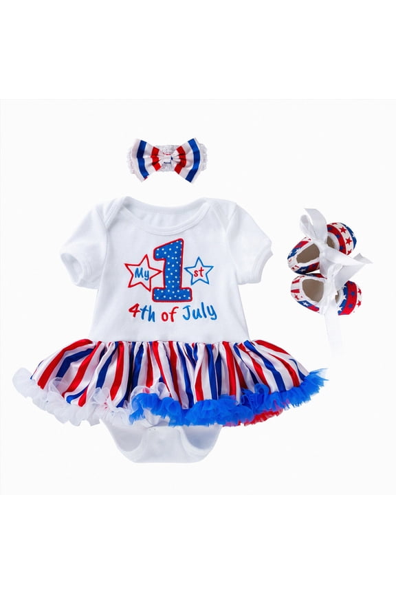 Baby Girl Romper 3 6 12 18 Months Cute Summer American Flag 3Pcs Outfit Romper Headband Shoes, My First Fourth of July Baby Girl Set,White,12-18 Months