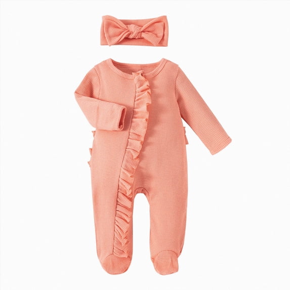 Splozh Baby Girl Romper Infant Fall Girls Romper Solid Clothes Infant Boys Baby Headband 2PCS Ribbed Outfits Jumpsuit Set Footed Jumpsuit, Orange, 3-6 Months