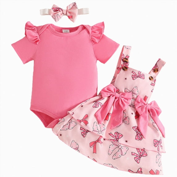 Splozh Baby Girl Summer Outfit 3 6 9 12 18 Months Newborn Baby Girl Outfits Long Sleeve Top Suspender Skirt Floral Dress Headband Baby Clothes,Hot Pink,6-9 Months
