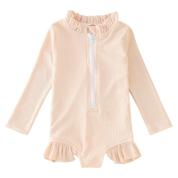 Splozh Baby Girl Swimsuit Infant Rash Guard Summer Toddler Girls Long Sleeve Solid Color Ruffles Swimwear Beach Swimsuit Beige,12-18 Months