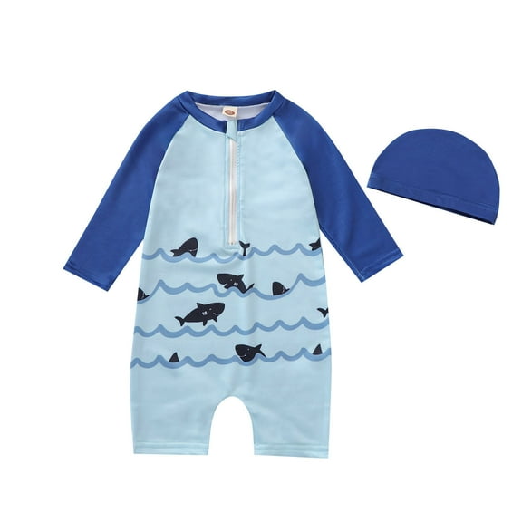 Splozh Baby Girl Toddler Rash Guard Swimsuit Toddler Baby Kids Girls Zipper Cartoon Animal Print One Piece Beach Swimwear   Hat Sets Light blue,4-5 Years