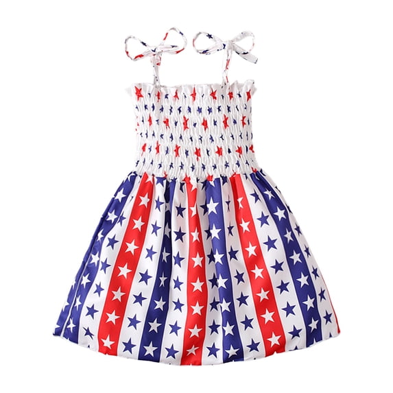 Splozh Baby Girls 4th of July Outfit Toddler Baby Girl 4th Of July Dress Sleeveless Smocked Spaghetti Strap Dress Summer Dresses Beige,5-6 Years