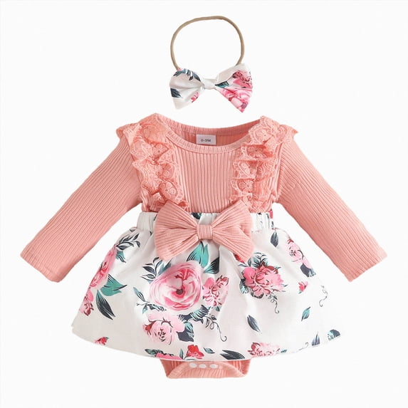 Splozh Baby Girls' One-Piece Rompers Baby Girls Long Sleeve Lace Triangle Romper Dress Newborn Casual Dress Cover Up with Bow Headband, Pink, 6-9 Months