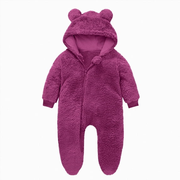 Splozh Baby Hooded Fleece Romper Long Sleeve Romper Outwear Outfits 0-12M Fall Winter Clothes Soft Warm Newborn Outfits Baby Boy,Hot Pink,3-6 Months