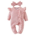 thumbnail image 1 of Splozh Baby Hospital Outfit Baby Girl Long Sleeve Romper with Ruffled Hem Fall Spring Set with Bow Headband Pink,0-3 Months, 1 of 9