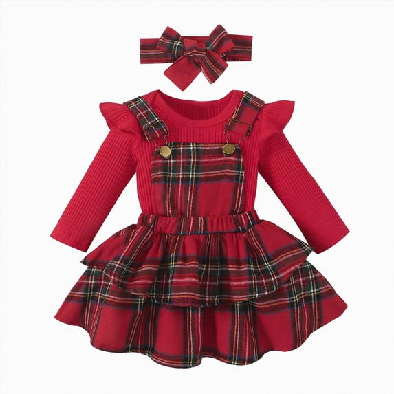 Splozh Baby Outfits Girl 3 6 12 18 24 Months Baby Girl Christmas Clothes Plaid Outfits Long Sleeve Romper Overall Skirt Dress Cute Outfit,Red,6-12 Months