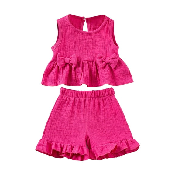 Splozh Baby Outfits Toddler Girl Summer Clothes Baby Solid Color Linen Bows Ruffle Tank Tops Short Set Hot Pink,2-3 Years