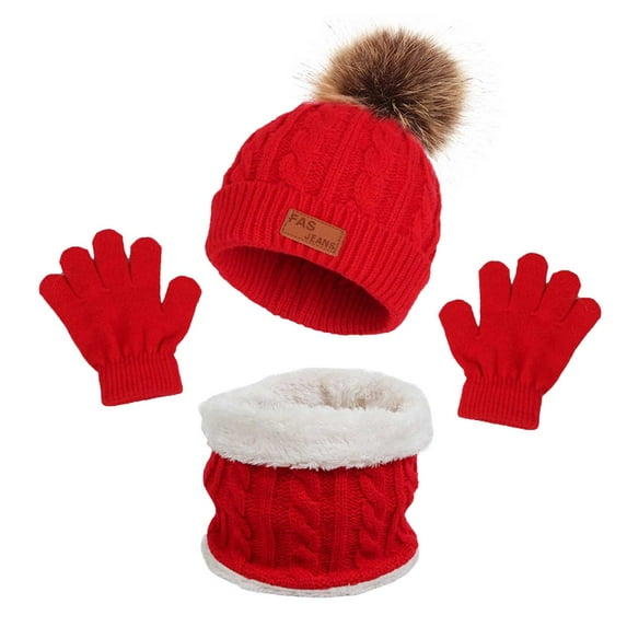 Splozh Toddler Winter Hat Hat Scarf Gloves Set Kids Winter Hat Scarf Gloves Sets with Knit Thick Warm Fleece Lined Red,1-5 Years