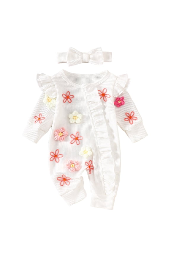 Baby Sleepers Baby Girl Fall Winter Spring Outfits Knit Jumpsuit Ruffle Romper with Headband Outfit for Baby Girl White,Newborn