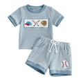 thumbnail image 1 of Splozh Cute Clothes Baby Boy Summer Clothes Embroidered Waffle Knit Short Sleeve T-Shirt Shorts Set Toddler Striped Outfit Blue,3-4 Years, 1 of 8