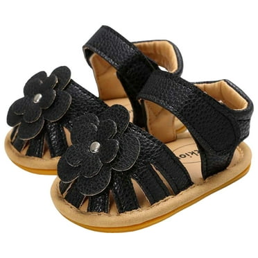 Splozh Baby Toddler Infant Girls PU Leather Soft Open Toe Summer Sandals Flower Princess Flat Shoes,Black 4
