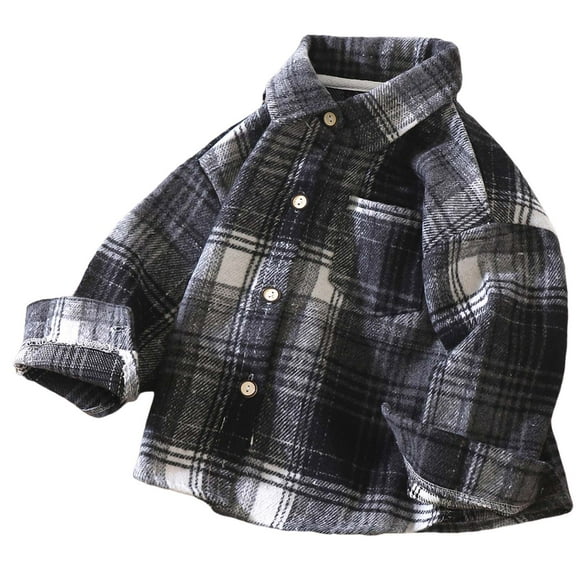 Splozh Baby Winter Coat Newborn Boys Girls Long Sleeved Checkered Shirt Retro Color Blocked Cardigan Fashionable Versatile Lapel Top Jacket Black,12-18 Months
