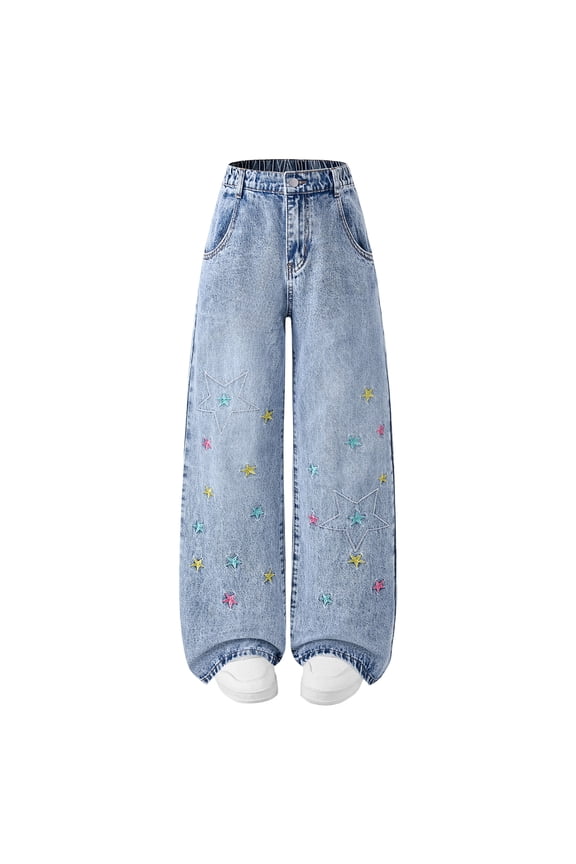 Baggy Jeans for Teens Girls Embroidered Denim Jeans Spring Fall Trousers Stylish Pants for Kids Blue,9-10 Years