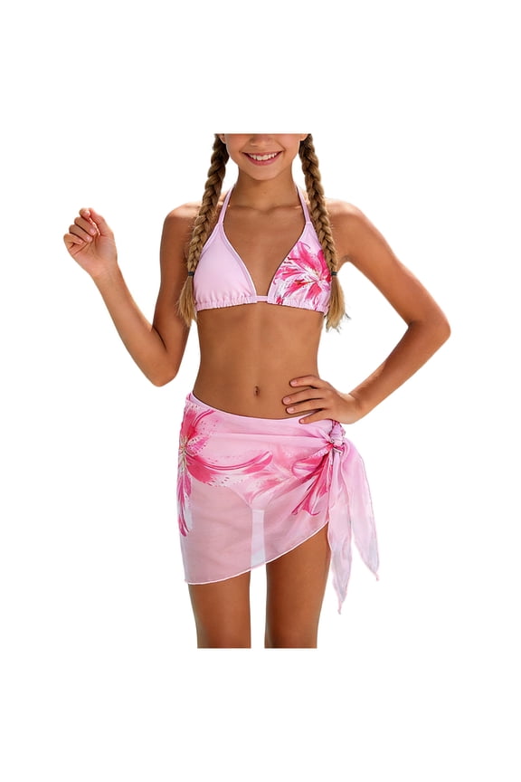 Bathing Suit for Teens Girl's 3 Piece Swimsuits Floral High Waisted Bikini Bathing Suit with Mesh Coverups Skirt Pink,13-14 Years