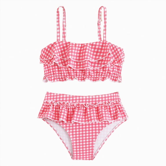 Splozh Bathing Suits for Girls Comfortable Stylish Two Piece Swimsuit Set with Ruffles and Plaid Print for Girls,Pink,5-6 Years