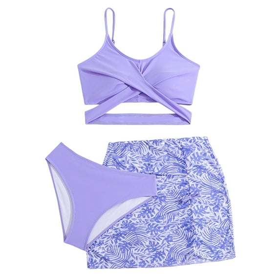 Splozh Bathing Suits for Teens Girls Swimsuits 3 Piece Bathing Suit Floral Printed Bikini Set with Mesh Skirt Beach Swimwear Purple,13-14 Years