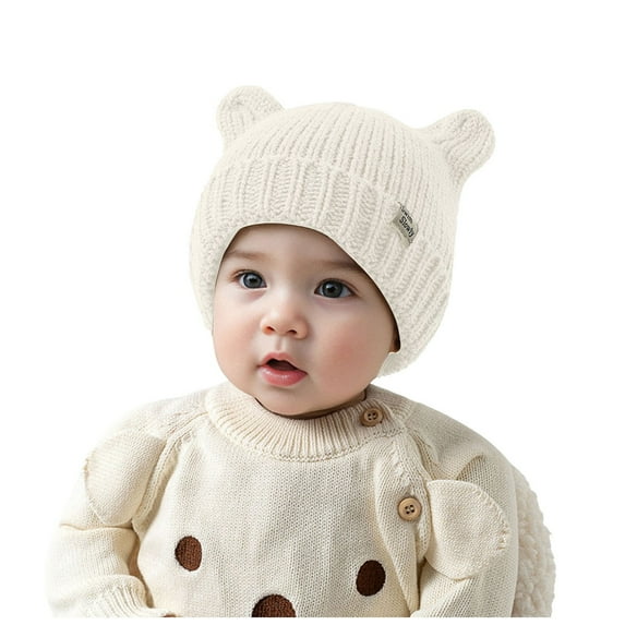 Splozh Beanie Knit Hats for Toddlers Baby Winter Hat with Bear Ear for Toddler Boys Girls Soft Knitted Cap White,3-24 Months